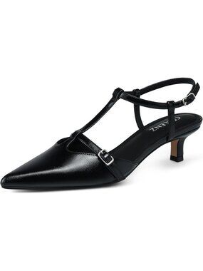 Women's Low Heel Pumps 2 Inch Kitten Heels Ankle Black Pu Strappy Slingback Pump